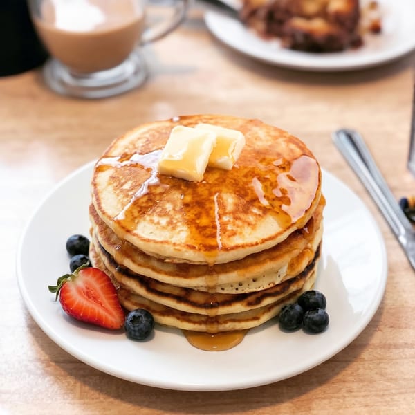 Stack of golden pancakes with melting butter, maple syrup, blueberries, and a strawberry on a white plate.