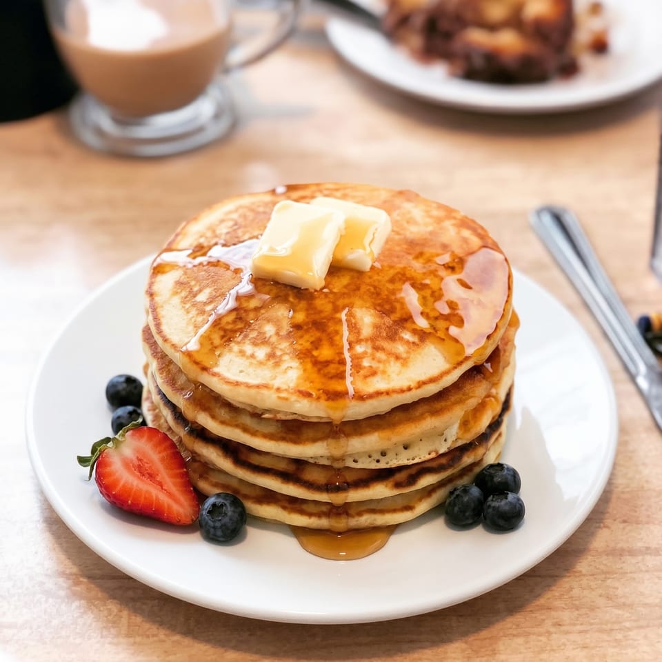 Stack of golden pancakes with melting butter, maple syrup, blueberries, and a strawberry on a white plate.